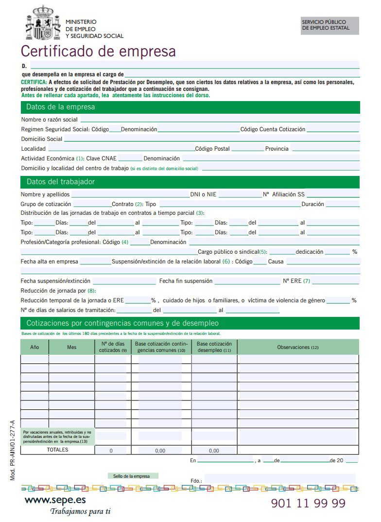 certificado de empresa para el paro